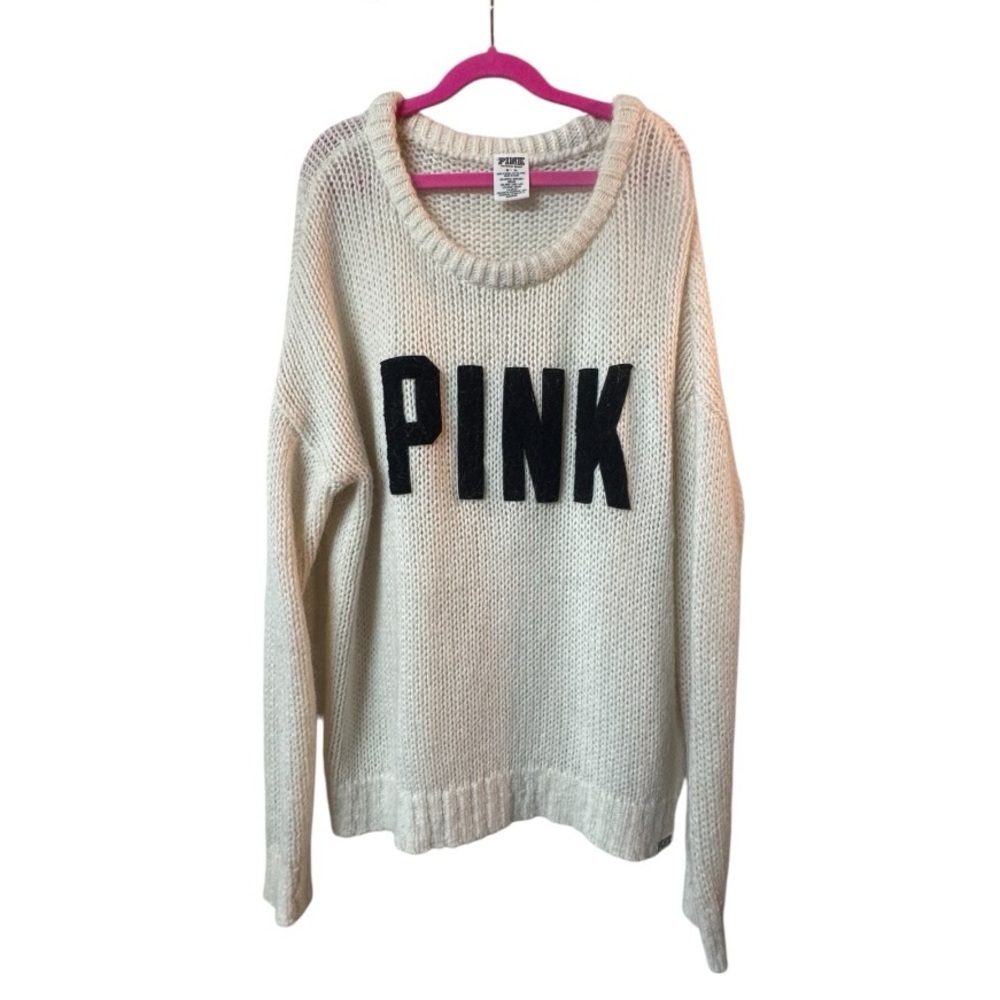PINK Victoria's Secret Cream with Navy PINK Logo Wool/Mohair Blend Sweater M